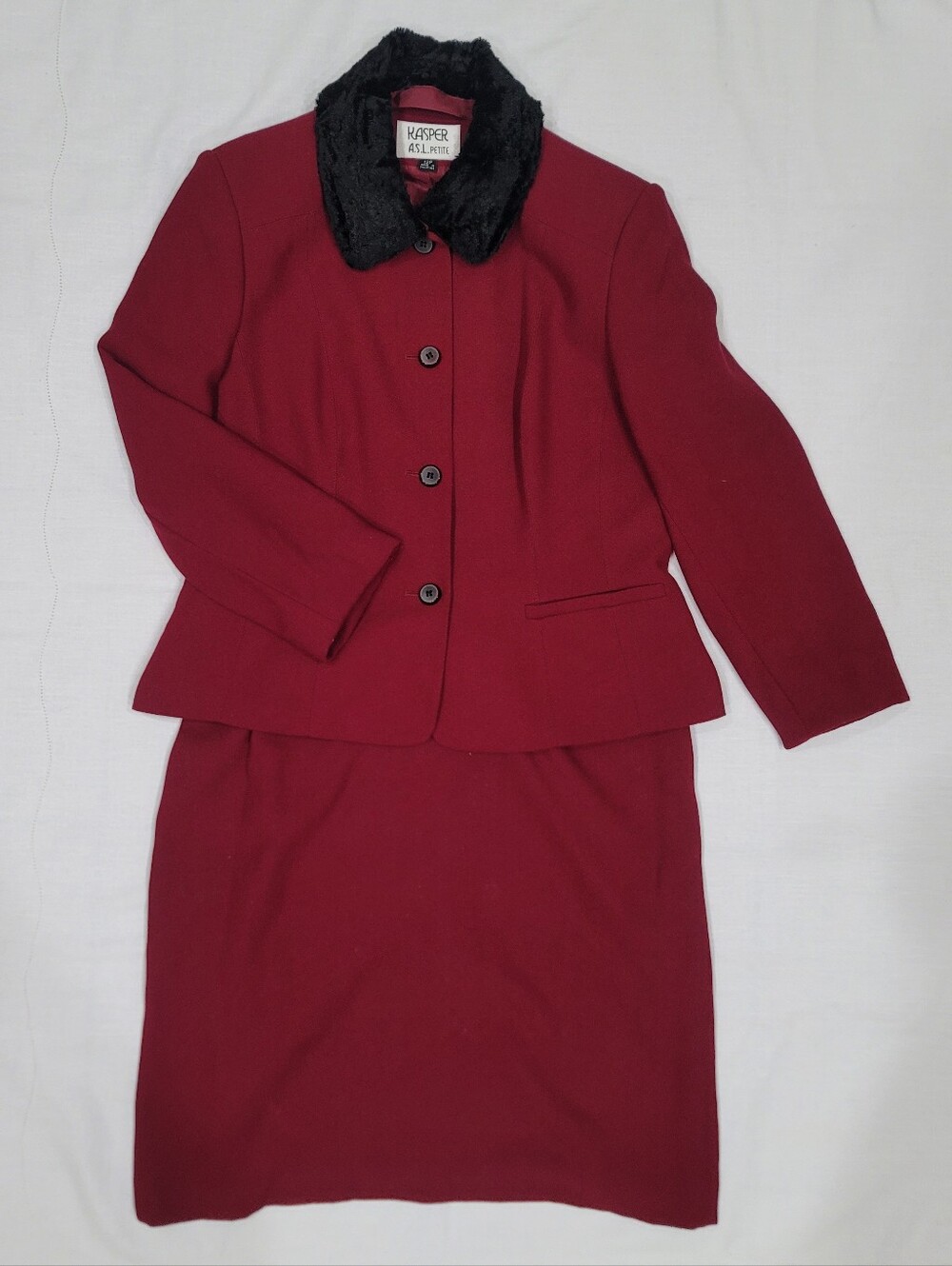 Kasper Women's Burgundy Two-Piece Suit with Black Faux Fur Collar